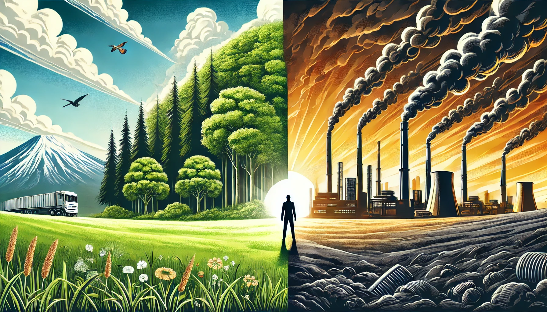 Image AI de la nature avant et après la révolution industrielle, présentant un paysage d'usines sombres