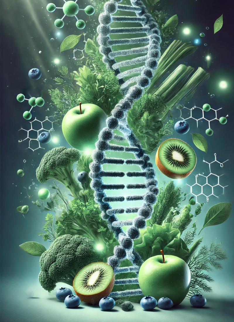 Illustration AI d'une structure DNA avec légumes et fruits