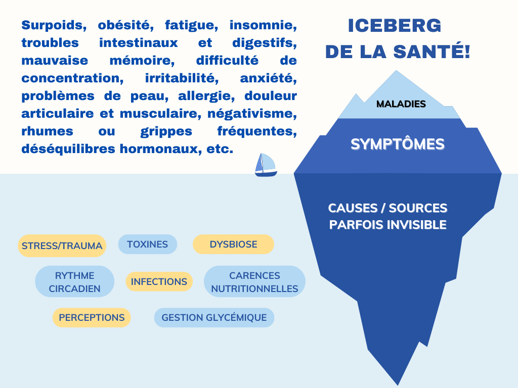 illustration d'un iceberg avec mots en lien avec la santé globale