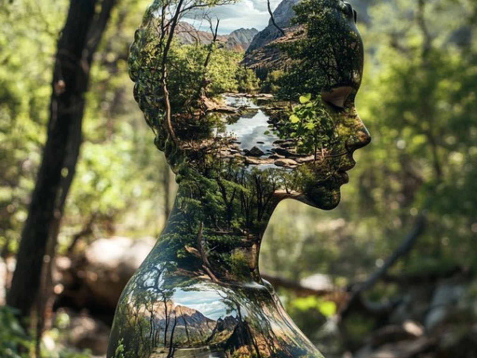 silhouette d'une femme translucide dans la forêt, qui représente le corps et la nature